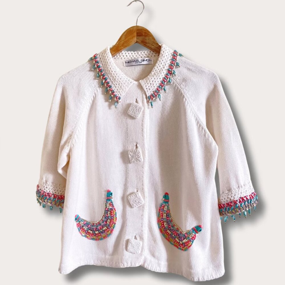 Vintage White Knit Crochet Collar Beaded early 90s Cropped Cardigan | 80s 90s